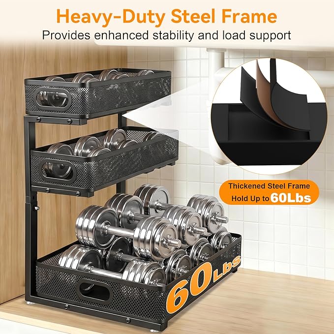 Under Sink Organizer for Bathroom, 3 Tier Adjustable Height Under Sink Storage, Sliding Pull Out Cabinet Organizer Shelf, Metal Multi-Purpose Cabinet Organizer for Kitchen (2 Pack, Black)
