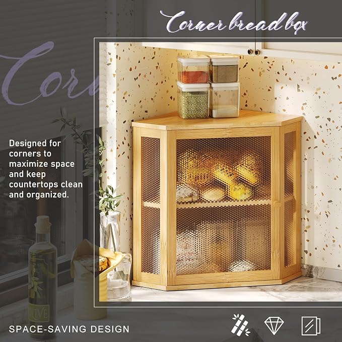 Bamboo Bread Box with Acrylic Window Display,Kitchen Countertop Storage,(Natual, Medium)