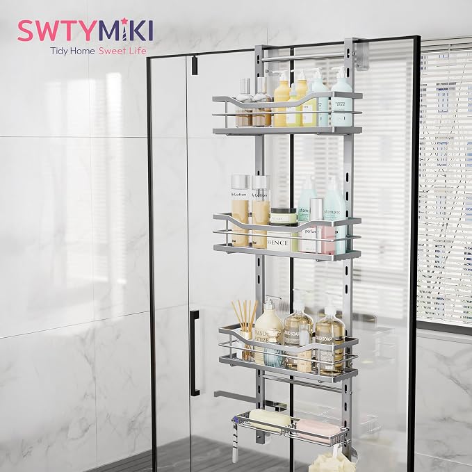 SWTYMIKI Over the Door Shower Caddy - 4 Tier Adjustable Shower Organizer Hanging with Soap Holder, No Drilling Stainless Steel Bathroom Rack Hanging for Body Wash, Shampoo, Soap, Razor, Silver