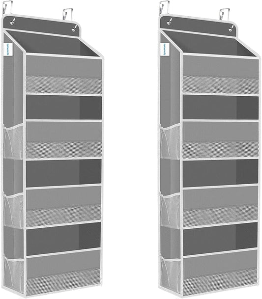SpaceHacks 2 Pack Over The Door Organizer, Hanging Storage Organizer with Clear Window, 40lb Ultra Sturdy Large Capacity Room Organizer for Pantry Laundry Bathroom Nursery Closet (Grey)