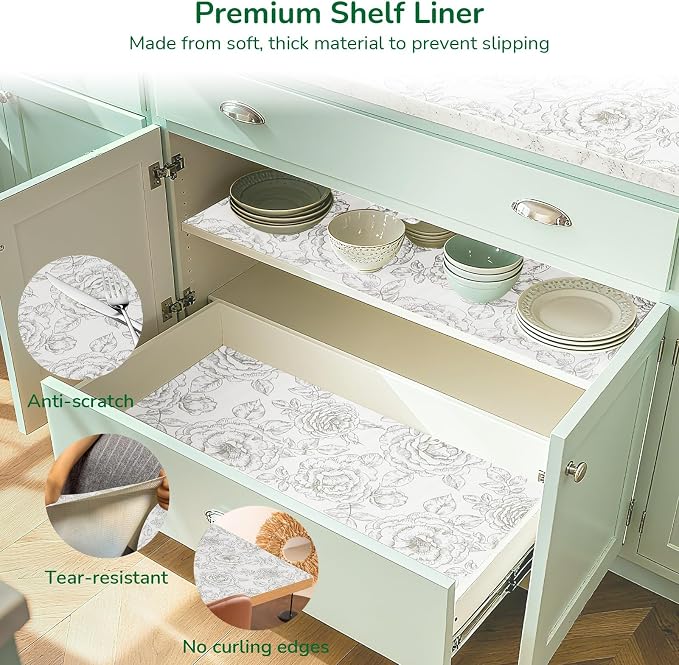 Floral Drawer and Shelf Liner for Kitchen, Non-Slip Non-Adhesive Cabinet Liners for Cupboard, Dresser, Shelves, Tool Box, Pantry, Thickened Easy Install, Strong Grip, 11.8In x 20FT, Rose