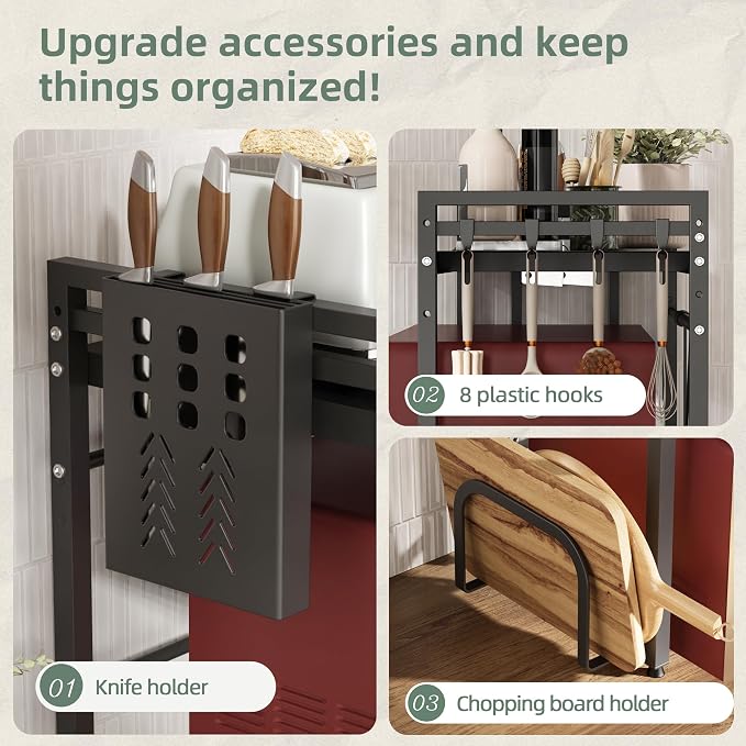 NETEL Expandable Microwave Stand with Cutting Board Holder and Knife Holder,3 Tier Metal Kitchen Countertop Organizer Shelves with 8 Hooks,Bakers Rack,110lbs Weight Capacity,Black