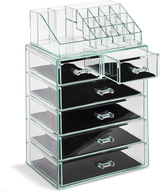 Sorbus Acrylic Makeup Organizer Set, 6-Drawer Vanity & Countertop Cosmetic Storage with Small & Wide Compartments, Teal Thrill Makeup Storage for Brushes, Jewelry – Holiday Gift for Women & Teens