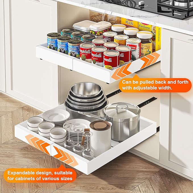 Expandable Pull Out Cabinet Organizer, Slide Out Cabinet Shelves with 3 Quiet Rails, Nano Adhesive No Drill Roll Out Drawers for Kitchen, Pantry, Bathroom, 12.6"-20.4" W x 21" D, White