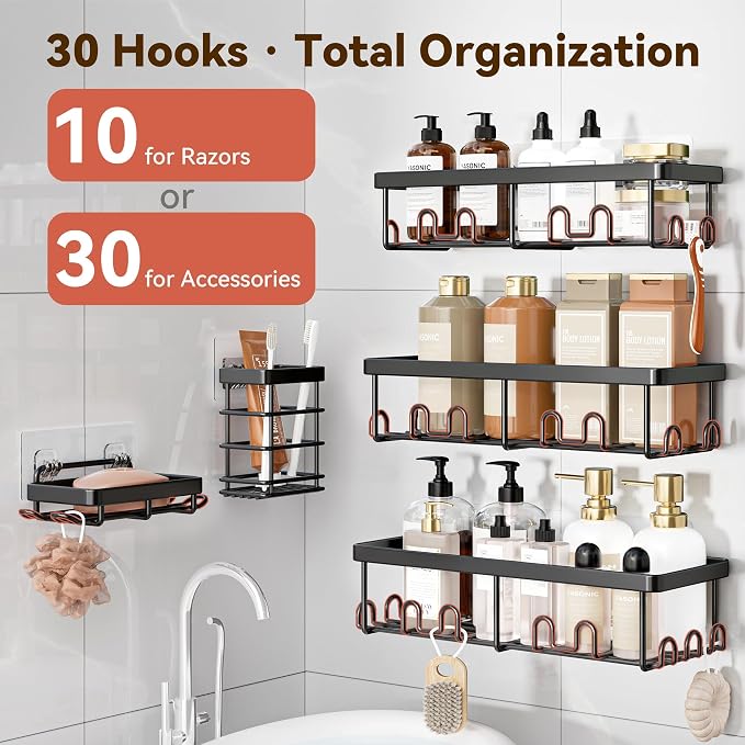 YASONIC Shower Caddy Adhesive, 100% Rustproof Shower Organizer with Soap and Toothbrush Holder, Large Capacity Shower Shelves for Inside Shower, No Drill Shower Storage for Home (5 Pack Black)