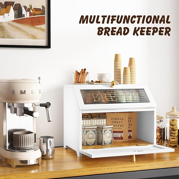 HOLTICO Double Layer Bread Box With Golden Trim for Countertop, Wooden Bread Container for Kitchen Counter, Corner Bread Storage (White)