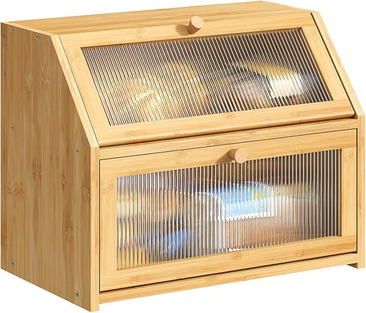 BMOSU Large Bread Box for Kitchen Countertop,Double Layer Bread Box for Kitchen Counter,Bamboo Wood Bread box Capacity Bin Storage(Natural)