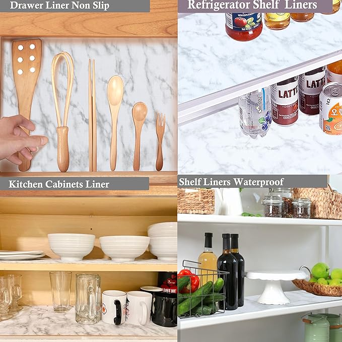 Shelf Liner Non Adhesive for Kitchen Cabinets 16 Inch Wide X 20 Ft Cabinet Liners Non-Slip Washable Drawer Liners Waterproof Marble Printed Cupboard Mat for Shelving Closet Fridge Bathroom