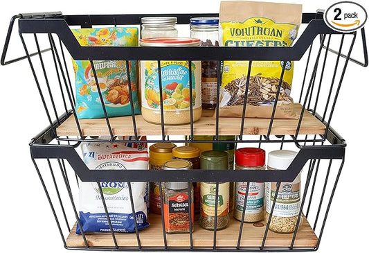 ShabbyDecor Metal Wire Basket with Handles Storage Organizer Stackable Organizing bins for Cabinet Shelf Countertop Under Sink Pantry for Kitchen,Bathroom,Laundry Closet,Set of 2pcs