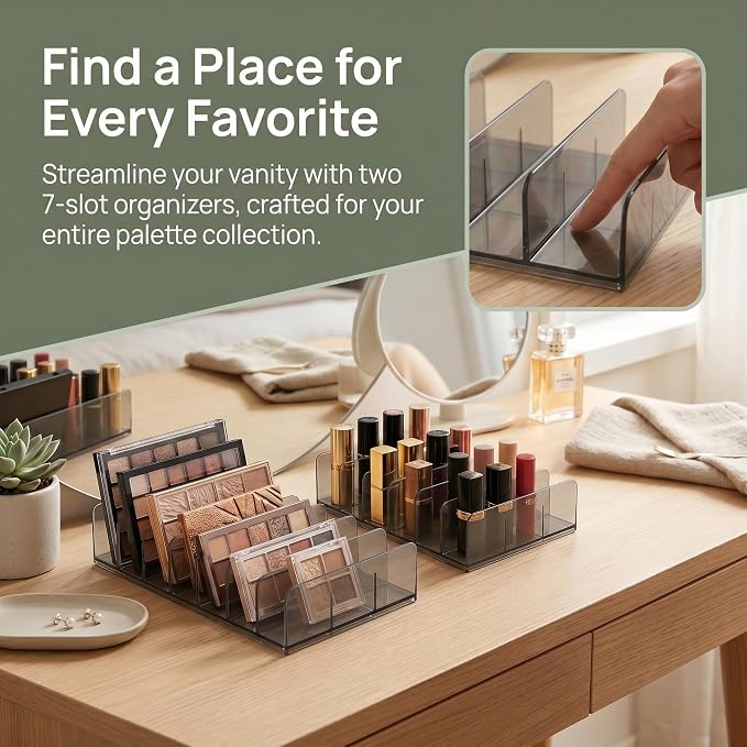 2 Pack Makeup Palette Organizer, 7-Slot Acrylic Eyeshadow Palette Organizer for Drawer or Vanity, Smoky Gray Cosmetic Holder for Palettes, Lipsticks & Compacts
