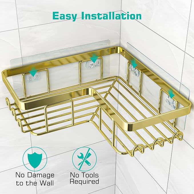 YASONIC Corner Shower Caddy, 3-Pack Adhesive Bathroom Caddy with Soap Holder and 12 Hooks, Rustproof Stainless Steel Shower Organizer, No Drilling Wall Mounted Shower Rack, for Bathroom, Gold
