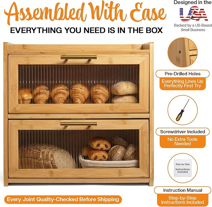 Gennua Kitchen Extra Large Bamboo Bread Box for Kitchen Countertop, Wooden Double Layer Breadbox Provides Double the Storage, Holds Multiple Loaves, Durable & Beautiful with Frosted Acrylic Panels