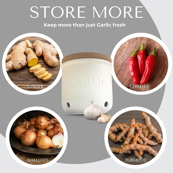 Okavango Garlic Keeper - White Ceramic Container with cork lid - Garlic Storage - Garlic Holder Countertop - Garlic Jar -Saver - Bowl - Garlic Cellar (White, 16oz)