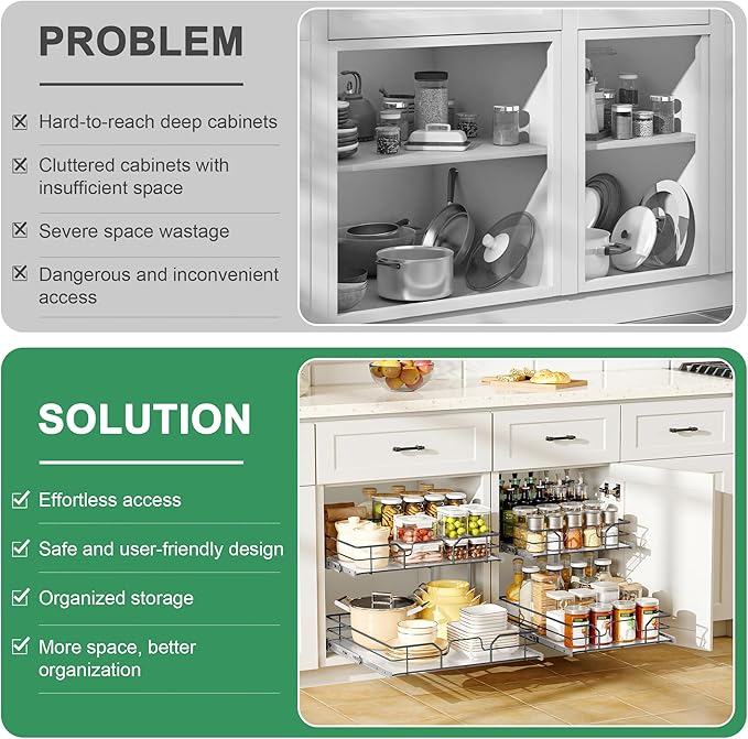 2-Tier Pull Out Cabinet Organizer (17" W x 22" D), Soft Close Cabinet Slide Out Shelves, Heavy Duty Slide Out Drawers with Shelf Liner for Kitchen Cabinets, Pantry Storage, Bathroom