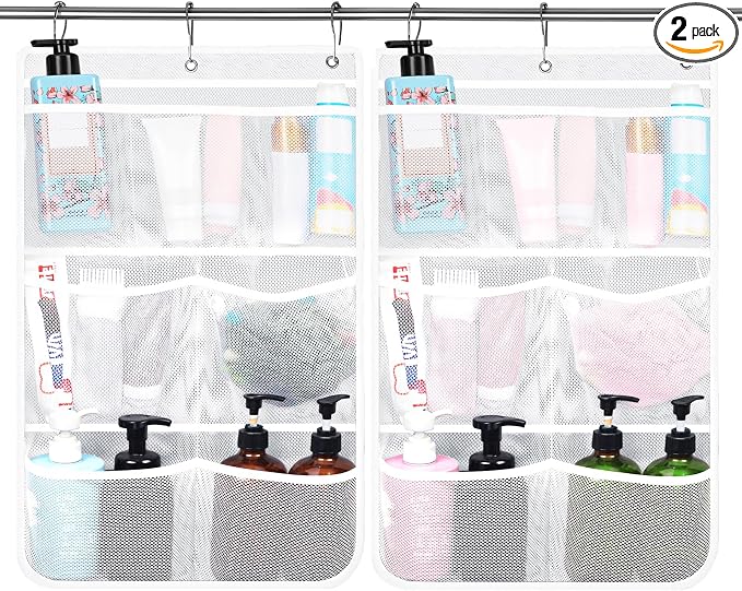 Dntorx 2 Pack Mesh Shower Hanging Caddy, 7 Pockets Hanging Shower Organizer with Metal Loop, Portable Bathroom Bag for Shampoo, Body Wash, Soap, and Cruise Ship Essentials