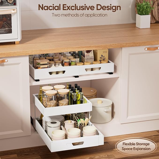 Nacial 2 Tier Pull Out Cabinet Organizer, Expandable(12.3"-20.7" W) Slide Out Cabinet Drawer with Adhesive Nano Film, Adjustable Heavy Duty Roll Out Shelves for Kitchen Pantry Bathroom Storage, White