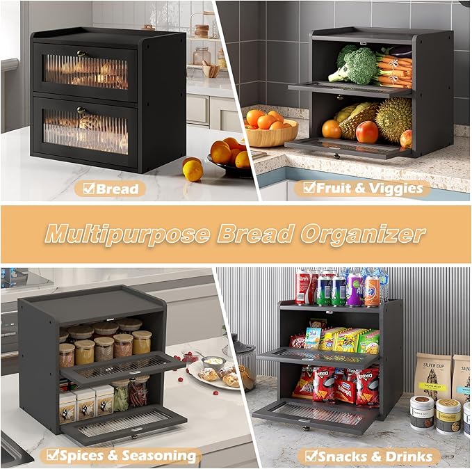 Alpeir Double Layer Large Bread Box for Kitchen Countertop, Black | Ventilation Hole, Longer Fresh, Natural Wood, Fit Homemade Bread & Baked, Extra Top Storage, Acrylic Window, Modern Style