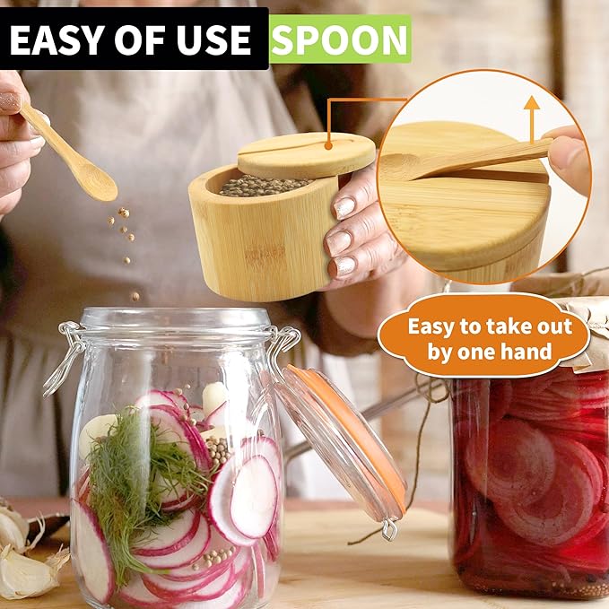 4 Pcs Bamboo Salt Containers for Countertop, Salt and Pepper Bowls with Magnetic Swivel Lid & Spoon, Salt Shakers for Kitchen, Spices Storage Jars, Sugar Holder (4 Pack)