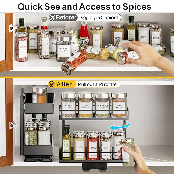 iSPECLE Vertical Spice Rack Pull Out - 1 Pack Rotate No-Drill Slide Out Spice Rack for Cabinet Swivel Easy Access Spices, Adjust Height for 4oz to 8oz Spice Jars Inside Kitchen Pantry Cabinet, Black