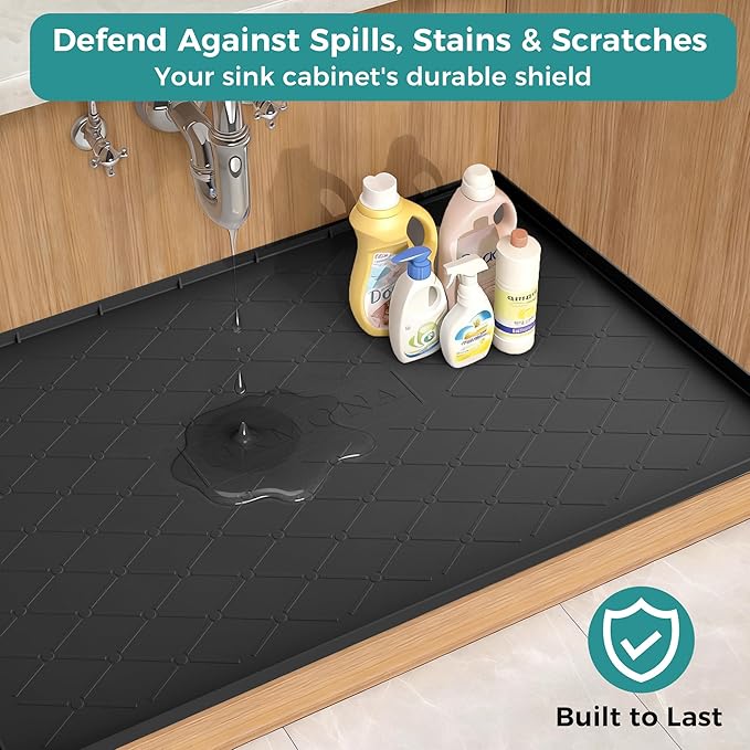 URMONA 28" x 19" Waterproof Silicone Mat in Multiple Sizes & Colors, Under Sink Mat for Kitchen & Bathroom, Pet Food Pad for Dogs & Cats, Kitchen Cabinet Liner, Multi-Purpose for Storage(Beige)