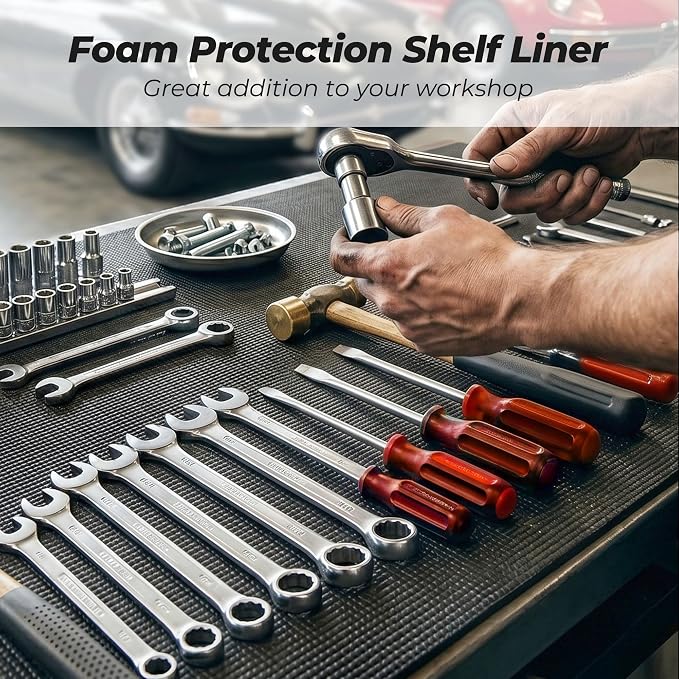 PABUSIOR Toolbox Liner 16" Wide: Heavy Duty Foam Tool Box Drawer Protector Mats - 5MM Thick Non Slip Cabinet Shelf Liners for Garage Shelves 16" W x 197" L Black