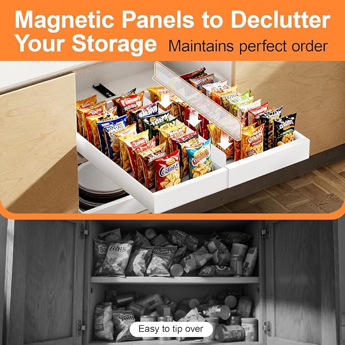 YJHome 1 Pack Pull Out Cabinet Organizer, No Drill Expandable Width 12"-20" & 21" Depth, Adhesive or Screw-In Installation, Magnetic Divider for Custom Storage, for Kitchen Pantry Bathroom Cabinet