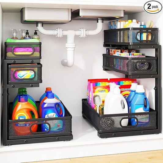 Under Sink Organizer, 3 Tier Pull Out Cabinet Organizer with 5 Adjustable Heights, Metal Under Sink Storage with Sliding Drawers for Kitchen, Bathroom, Pantry and Laundry Room, 2-Pack Black