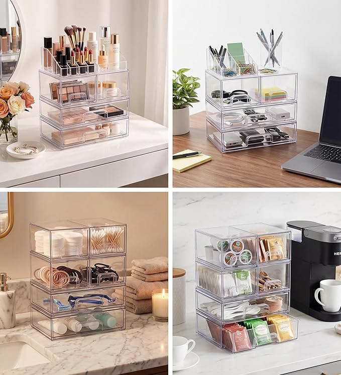 Clear Baby Bottle Organizer For Cabinet, Storage Bins with Pull-Out Drawers, 6-Pack Organizer Set with Labels, Premium PET Plastic Storage Organizer for Pantry, Bathroom, Vanity, Countertop