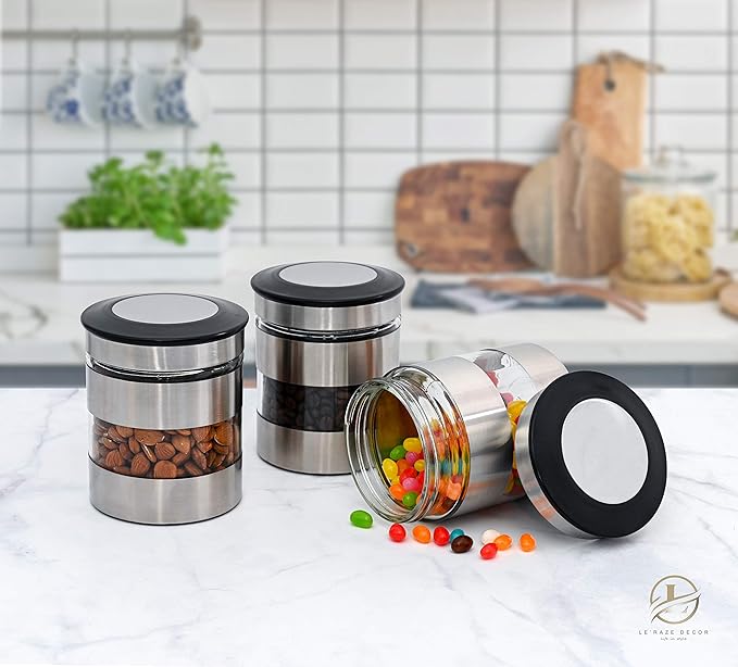 Le'raze Quality Stainless Steel Canister Set of 3 for Kitchen Counter with Glass Window & Airtight Lid - Food Storage Containers with Lids Airtight - Pantry Storage and Organization Set