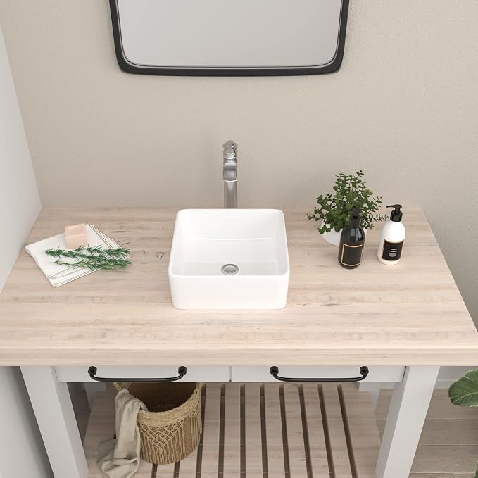 Mocoloo Square Bathroom Vessel Sink - 15 x 15 Inch Bathroom Sinks Above Counter Porcelain Ceramic Vanity Top Square Countertop Small Bathroom Modern Vessel Sinks