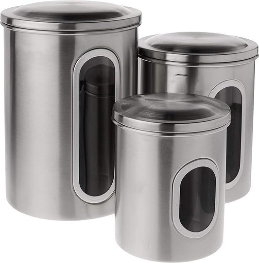 Fox Run Stainless Steel Canister Set For Kitchen Counter, 3-Piece Set for Sugar, Flour, Coffee and More