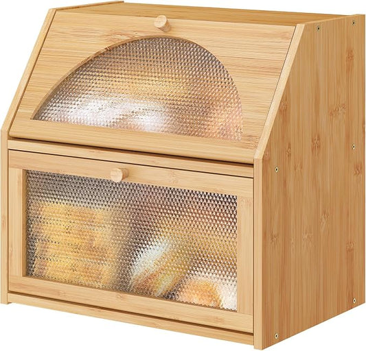 Extra Large Bread Box for Kitchen Counter, Bamboo Wood Double Layer Bread Box for Kitchen Counter, Wooden Capacity Bread Storage Bin