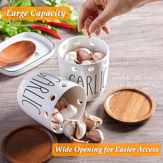 DAYYET Garlic Keeper for Counter, Ceramic Garlic Keeper with Acacia Wood Lid, Garlic Holder Storage Container to Keep Your Garlic Cloves Fresh Longer, Garlic Saver for Kitchen, White