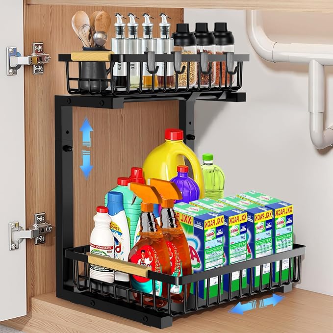 Under Sink Organizer and Storage: 2-Tier Adjustable Height Under Sink Bathroom Organizers Multi-Purpose Bathroom Cabinet Pull Out Drawers for Kitchen with Hooks (Black)