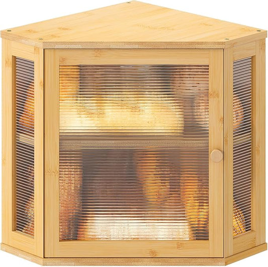 Corner Bread box for Kitchen Countertop,Farmhouse Bread Box with Acrylic Wavy Door Panel,Large Bread box for kitchen countertop,Kitchen Countertop Food Storage Container (Natural, Meduim)