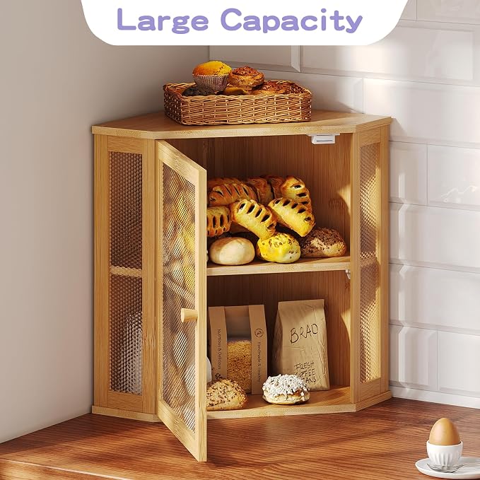Bamboo Bread Box with Acrylic Window Display,Kitchen Countertop Storage,(Natual, Medium)