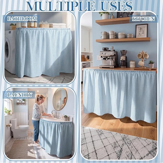 VitalCozy Cabinet Curtain 28" W x 51" L Sink Skirt for Bathroom Kitchen Blue Stripes Short Curtain for Home Classroom Farmhouse Rustic Drape Under Desk Privacy Drape for Laundry Room