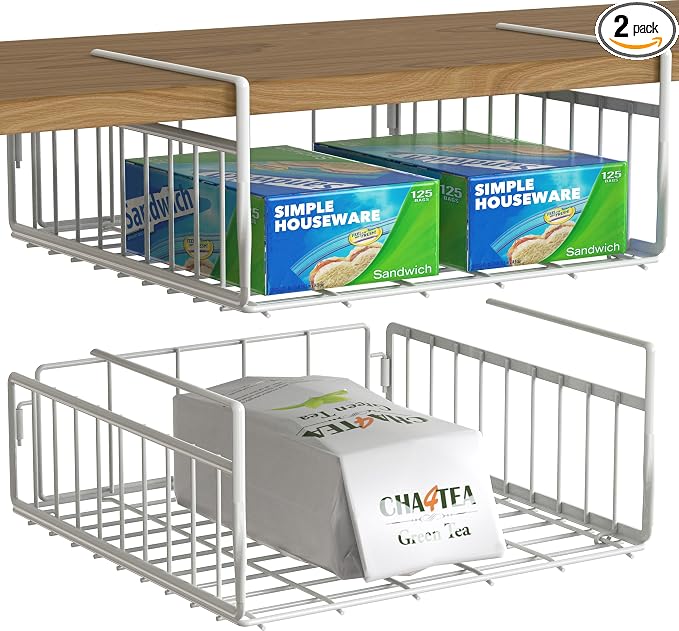 Simple Houseware Under Shelf Basket, White – 2-Pack Space-Saving Storage Organizer for Kitchen, Pantry, Closet, Office – Wire Metal Shelf Organizer, No Tools Required