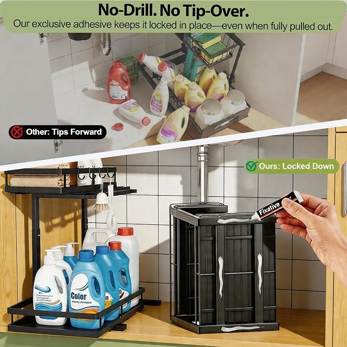 2 Pack Under Sink Organizers and Storage, Heavy Duty Metal Pull Out Cabinet Organizer with Ball-Bearing Slides, Height Adjustable L-Shaped Shelf for Kitchen & Bathroom (2-Pack)