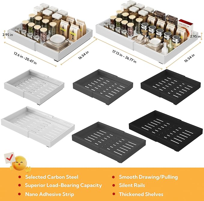 Pull Out Cabinet Organizer 16.54 inch Deep,Expandable Pull out Drawers for Cabinets Adhesive with Film, No Drill Slide Out Drawers for Kitchen Cabinets (Medium-Grey)
