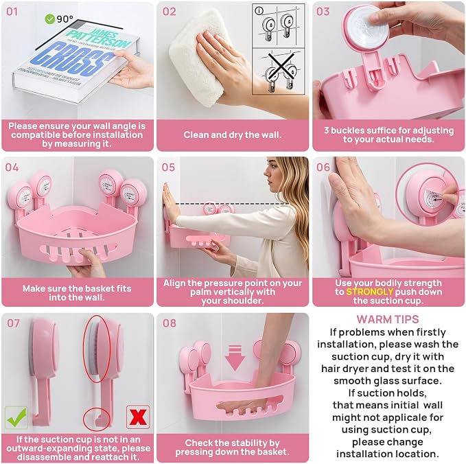 LEVERLOC Corner Shower Caddy Suction Cup, shower shelves suction cup, 2 Pack Basket Powerful Bathroom, Waterproof & Oil-proof Organizer for Kitchen, No-Drilling Removable (Pink)