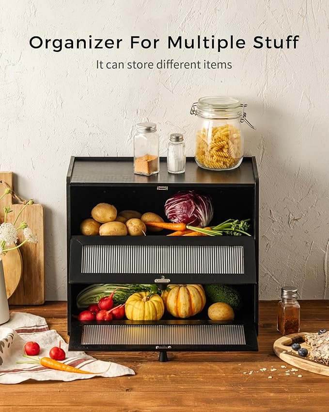 Double layer Bread Box for Kitchen Countertop Vitamin Bottle Storage Supplement Bottle Organizer Vitamin Organizer(Black)