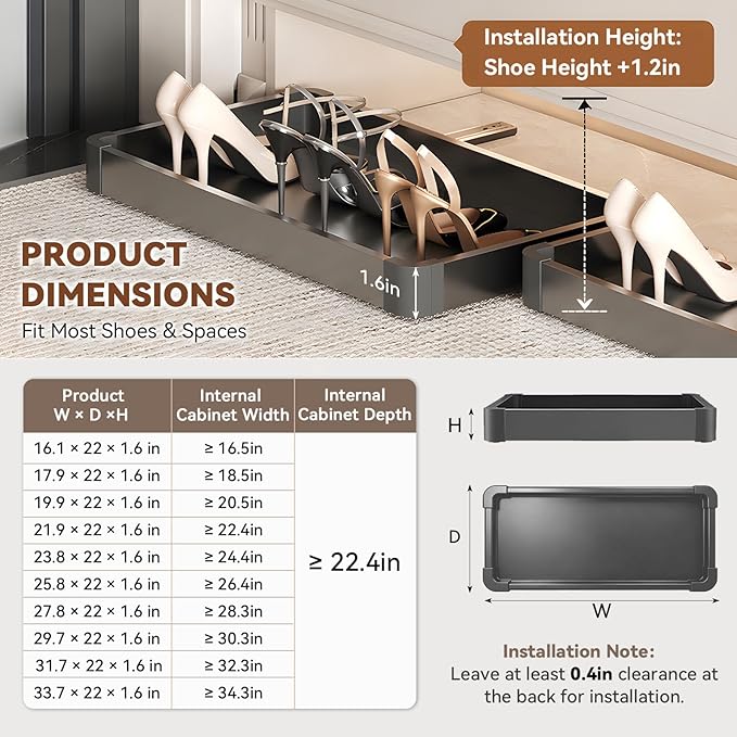Under-Cabinet Pull Out Shoe Rack, Push-to-Open Sliding Storage Tray for Entryway/Closet, Hidden Kick-to-Open Shoe Organizer, No-Drill Installation, Durable Aluminum Frame