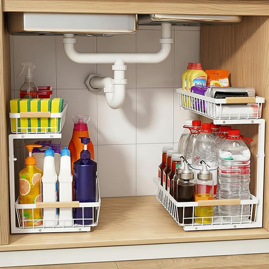 Under Sink Organizer, 2 Tier Pull Out Cabinet Organizers and Storage for Kitchen Bathroom Pantry Laundry, Adjustable Height, Slide Out Thickened Metal Storage Shelf (White, 1 Pack)