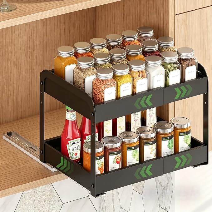 Across-Star Expandable Pull Out Drawers For Shallow Cabinets, 2-Tier Slide Out No Drill Adhesive Kitchen Cabinet Organzier, Adjustable Roll Out Sliding Shelf For Short Upper Cabinet Pantry