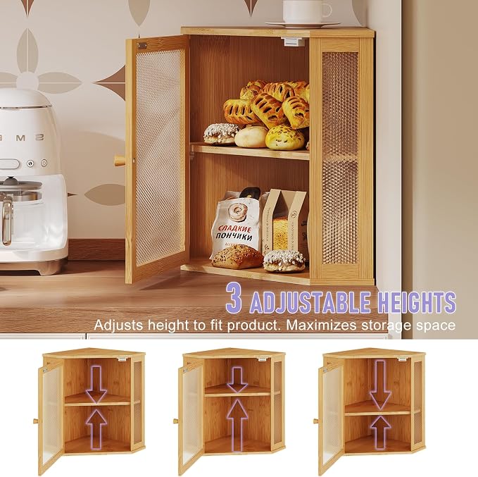 Bamboo Bread Box with Acrylic Window Display,Kitchen Countertop Storage,(Natual, Medium)
