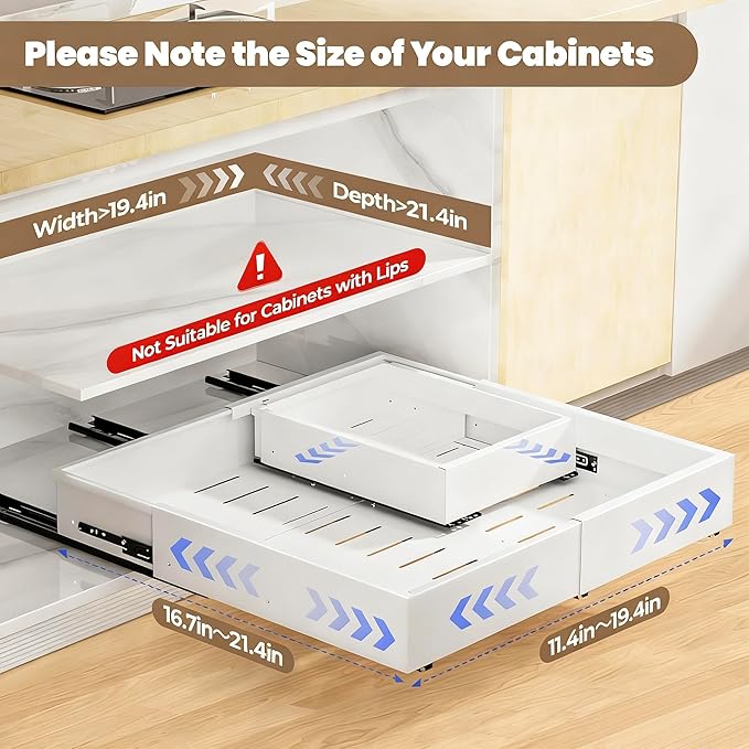 Dayacoco 2Pcs Dayacoco Pull Out Cabinet Organizer, Expandable Width (11.4"-19.4") and Depth (16.7"-21.4") With 3 Rails, Slide out Drawers for Kitchen Base Cabinet Organization, No Drill, White