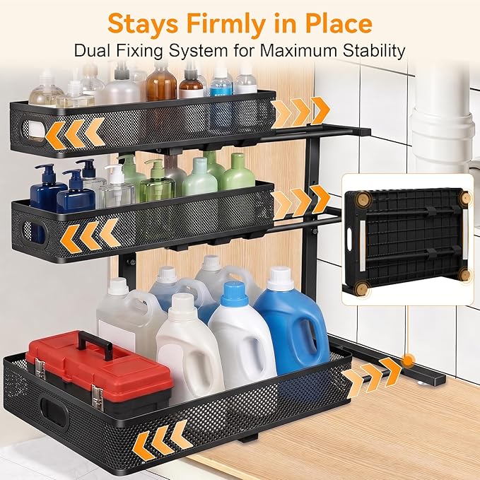 Under Sink Organizer for Bathroom, 3 Tier Adjustable Height Under Sink Storage, Sliding Pull Out Cabinet Organizer Shelf, Metal Multi-Purpose Cabinet Organizer for Kitchen (1 Pack, Black)