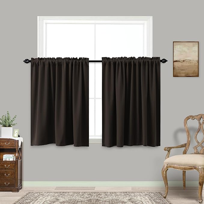 KOUFALL 30 Inch Small Window Curtains, Thermal Blackout Curtains for Kitchen Over Sink Bathroom Window Cabinet Bedroom, 34W x 30 in Length, Chocolate Brown