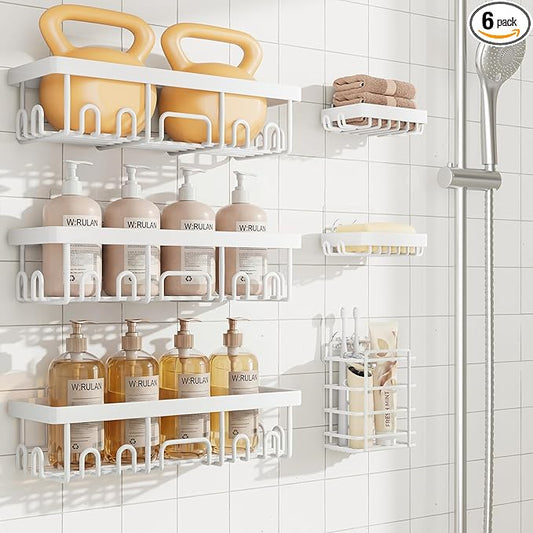Veken 6-Pack Rustproof&Waterproof Shower Caddy, Adhesive Shelves Rack with Soap Holder, Large Bathroom & Washroom Organizer, No Drilling Wall-Mounted Kitchen&Home Decor,Ideal for Bathtub Storage,White